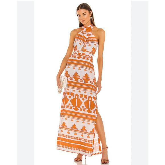 Johanna Ortiz Linen Cutout Halter Maxi Dress 0 Soleada Open Back Orange NWT $895 - Picture 1 of 13